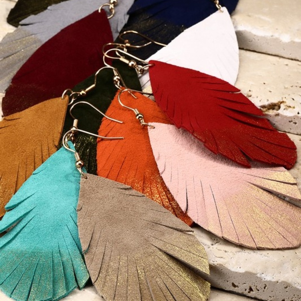Boho Chic Golden Leather Metallic Drop Earrings - Picture 3 of 4